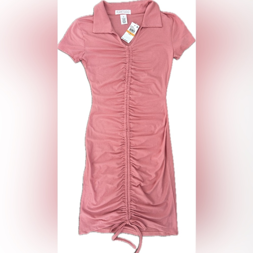 ✨NWT Planet Gold Mauve Glow Casual Short Sleeve Collared V-Neck Dress w/ Cinch—S